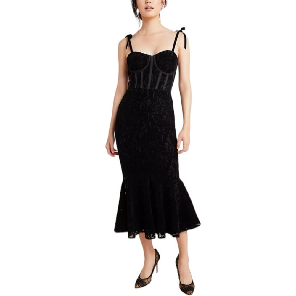 Monique Lhuillier Black Corset Velvet Mermaid Ruffle Midi Dress 4 Lazercut Lace